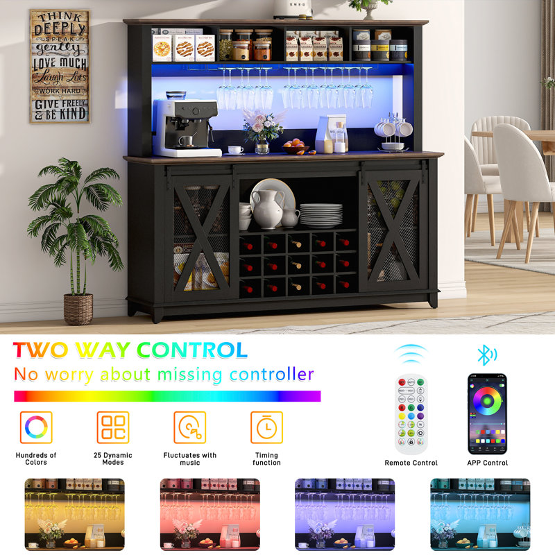 63"W Farmhouse Coffee Bar Cabinet With Wine Rack And Storage, Wine Bar Cabinet With Power Outlet & LED Light, Adjustable Shelf For Tea Liquor Wine, Kitchen Buffet Cabinet W/Sliding Barn Door & 15 Wine And Glass Racks For Kitchen Dining Room