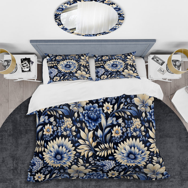 Ensemble de housse de couette floral bleu et blanc Dahlia, Housse de couette pour grand lit et 2 taies décor