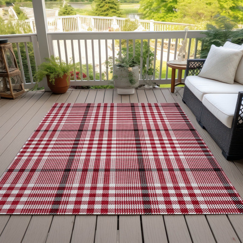 Red Plaid Synthetic Washable Indoor Outdoor Rug 3' x 5'
