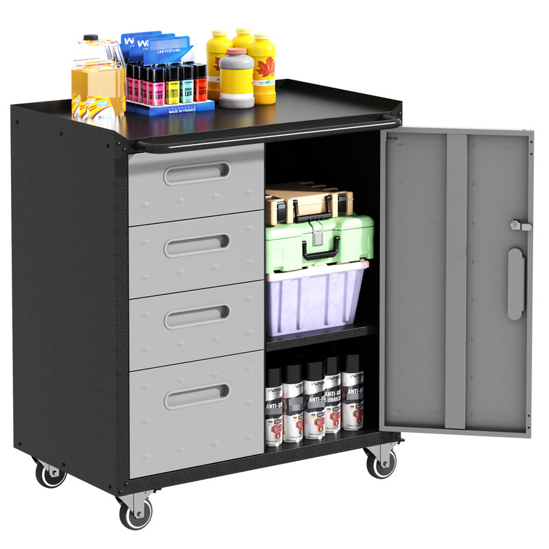 Heavy-Duty Metal Storage Cabinet For Garage, Office, Home. Lockable Wheels, Raised Top. 4 Side Drawers, Adjustable Shelves. Black/Gray Tool - 360 Top Surface, Space.