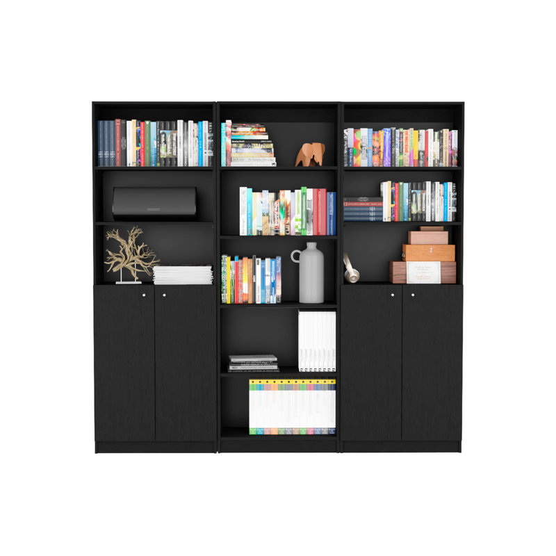 Bibliothèque de salon noire - 3 pièces avec 4 tablettes et 2 portes de rangement