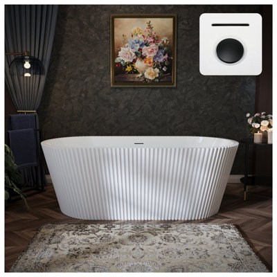 67" Freestanding Acrylic Bathtub with Fluted Oval Design, Deep Soaking Tub with Overflow and Matte Black Pop-Up Drain, Glossy White