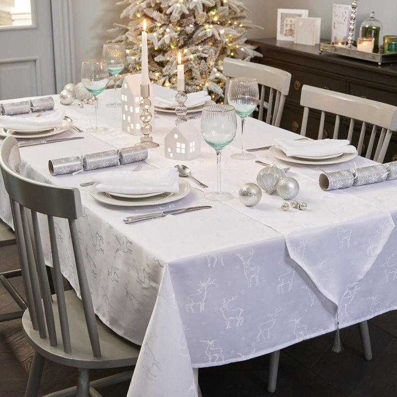 Christmas Tablecloth Deer Embossed Design, White