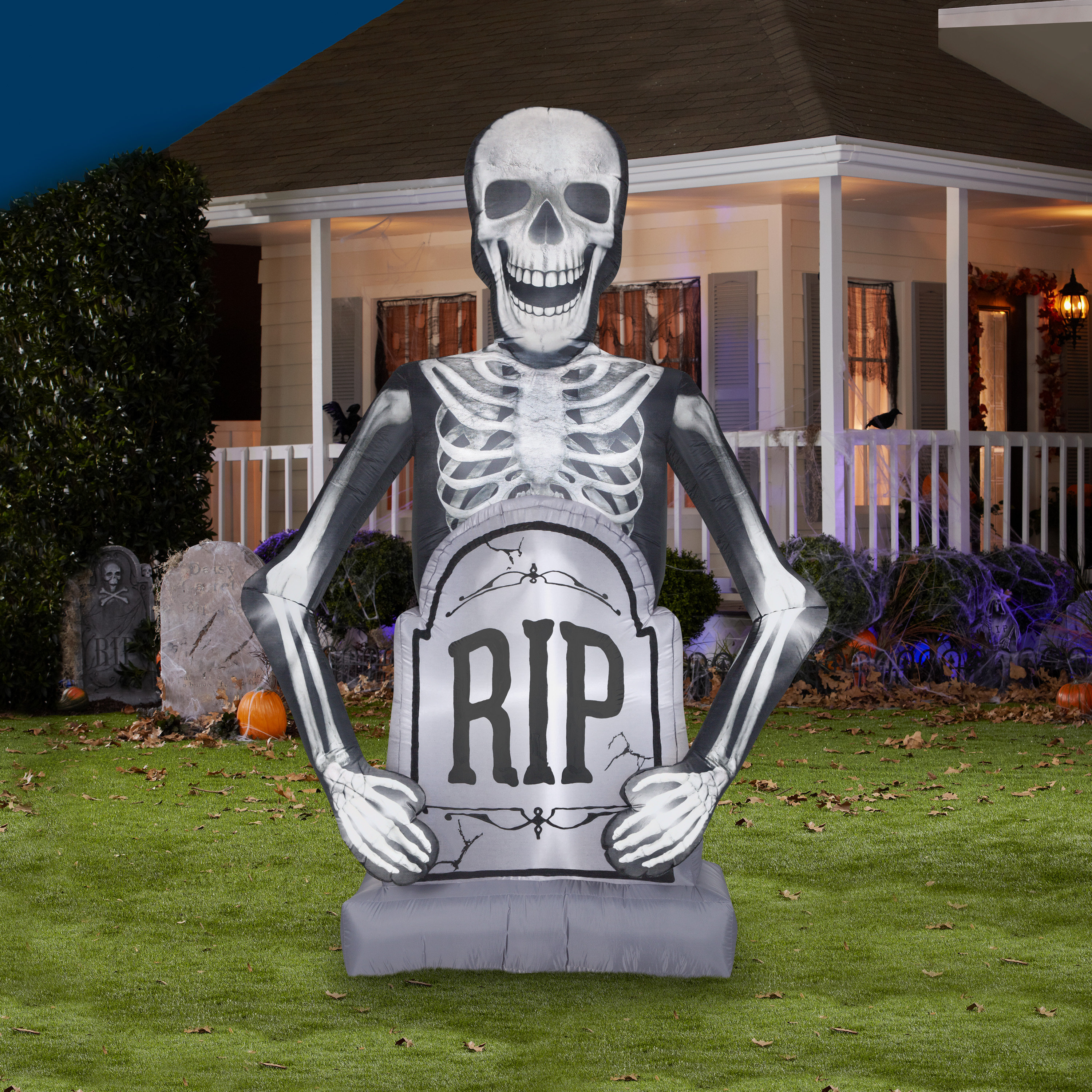 White Skeleton Inflatable Gemmy Industries Skeleton with Tombstone Giant Inflatable | Wayfair