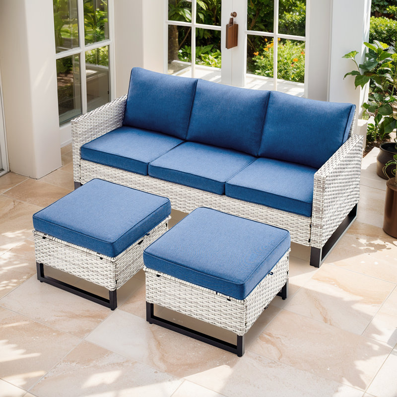 Nazime 74.02" Wide Outdoor Wicker Patio Sofa with Cushions and Ottomans, Blue, Light Beige