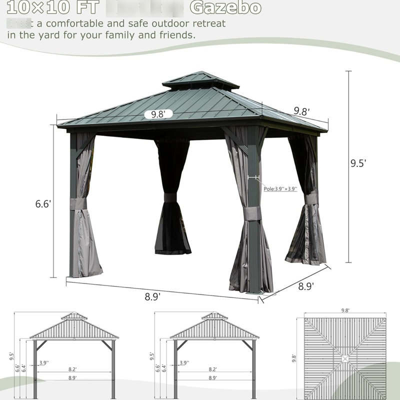 Gazebo 10 x 10 pi, aluminium, pour une expérience de vie en plein air confortable Patio, cour, terrasse, gazebo, aluminium et acier