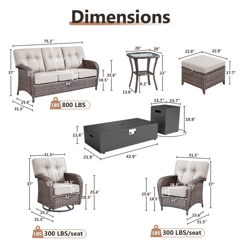 9-Piece Outdoor Garden Family Party Conversation Set With Fire Pit Table And Swivel Chairs, Beige