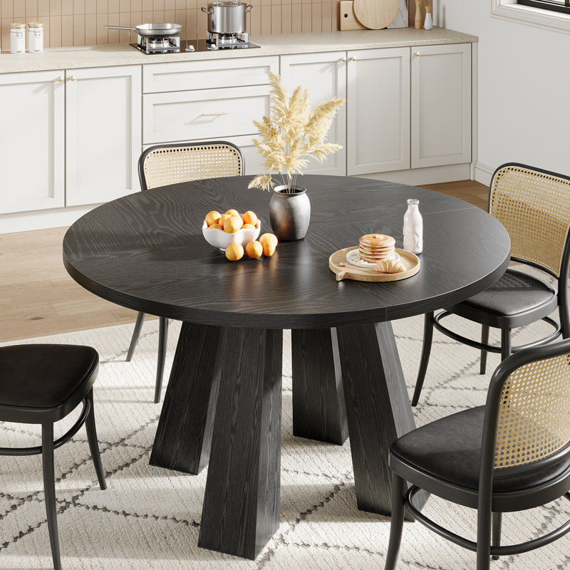 Round Dining Room Table for 4-6, 47" Wood Kitchen Table with Sturdy Base, Farmhouse Circle Dinner Table for Living Room, Apartment, 4 Strong Legs, Only Table, Black
