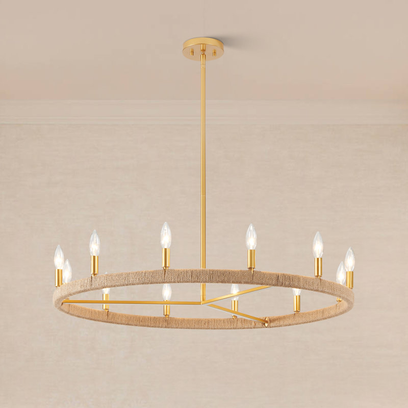 Lustre en roue de chariot à 12 lumières à intensité variable en rotin