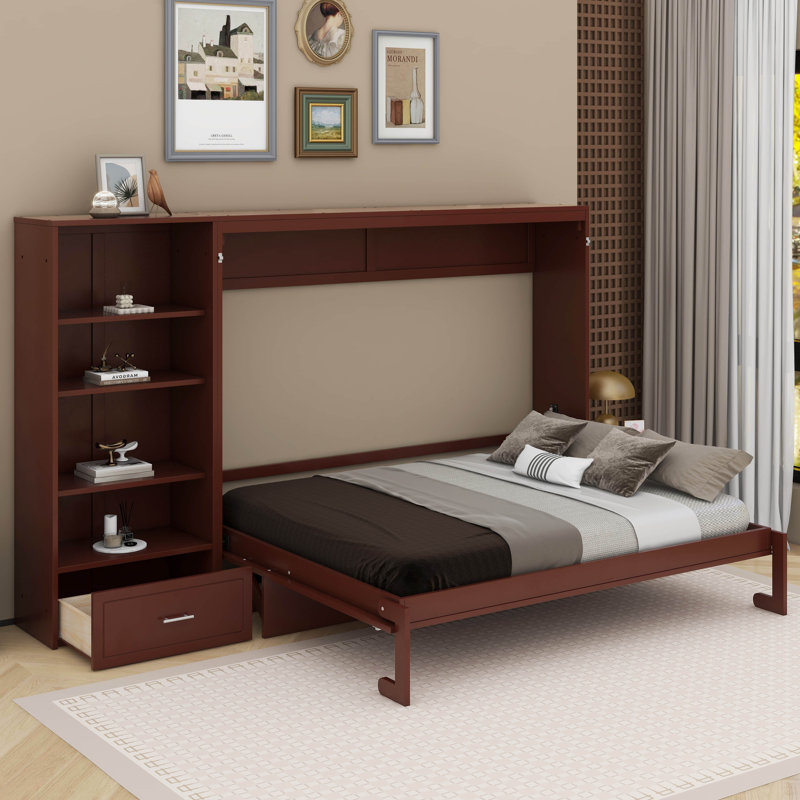 Queen Size Murphy Bed With Shelf, Walnut