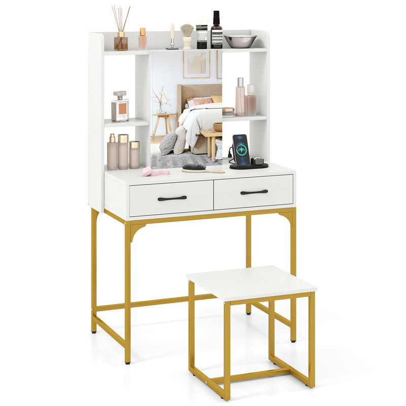 Vanity Set w/ Mirror Cabinet Modern Makeup Vanity Table w/ Stool 2 Drawers, White