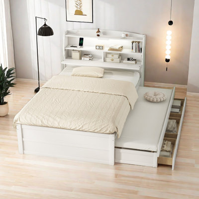 Twin Size Wooden LED Platform Bed With Trundle, With Storage Headboard, With Drawers