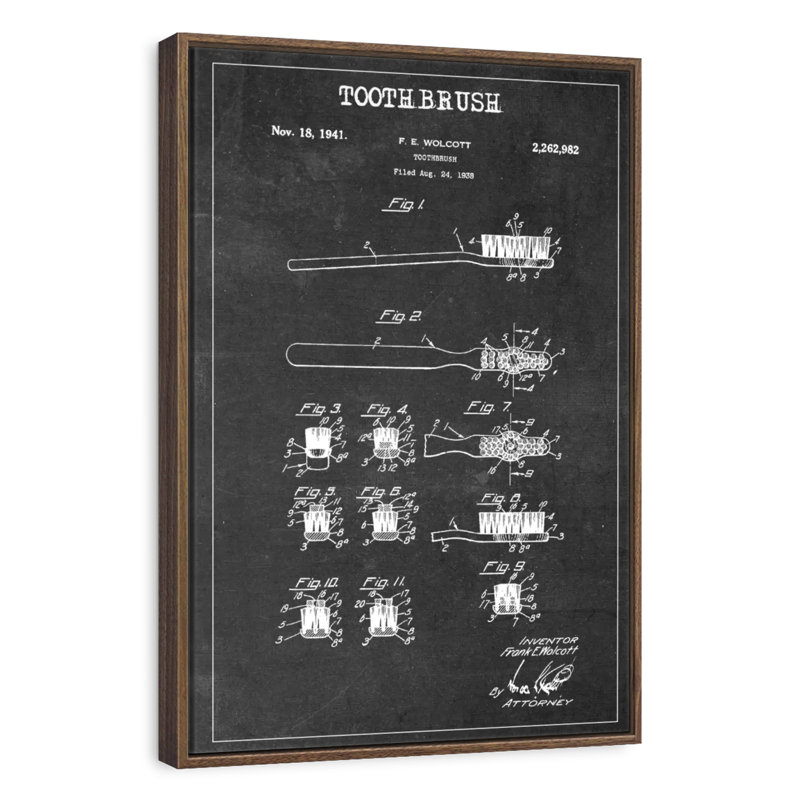 Dental Brush BW Patent, 25" x 37", Floating Frame Walnut