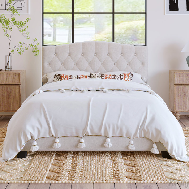 Upholstered Platform Bed with Saddle Curved Adjustable Headboard and Diamond Tufted Details, Queen