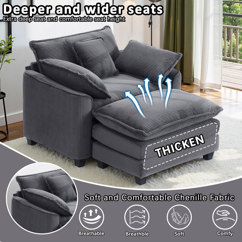 40"W Corduroy Oversized Chair & Ottoman Set - Comfy Cloud Sofa Armchair with Extra Deep Seat, Plush Upholstered for Apartment Living Room, Small Space Friendly