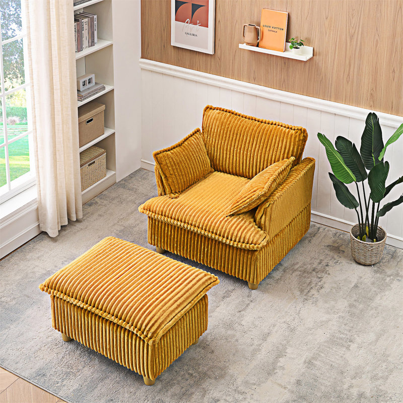 Upholstered Sofa With Ottoman And Throw Pillows, Yellow