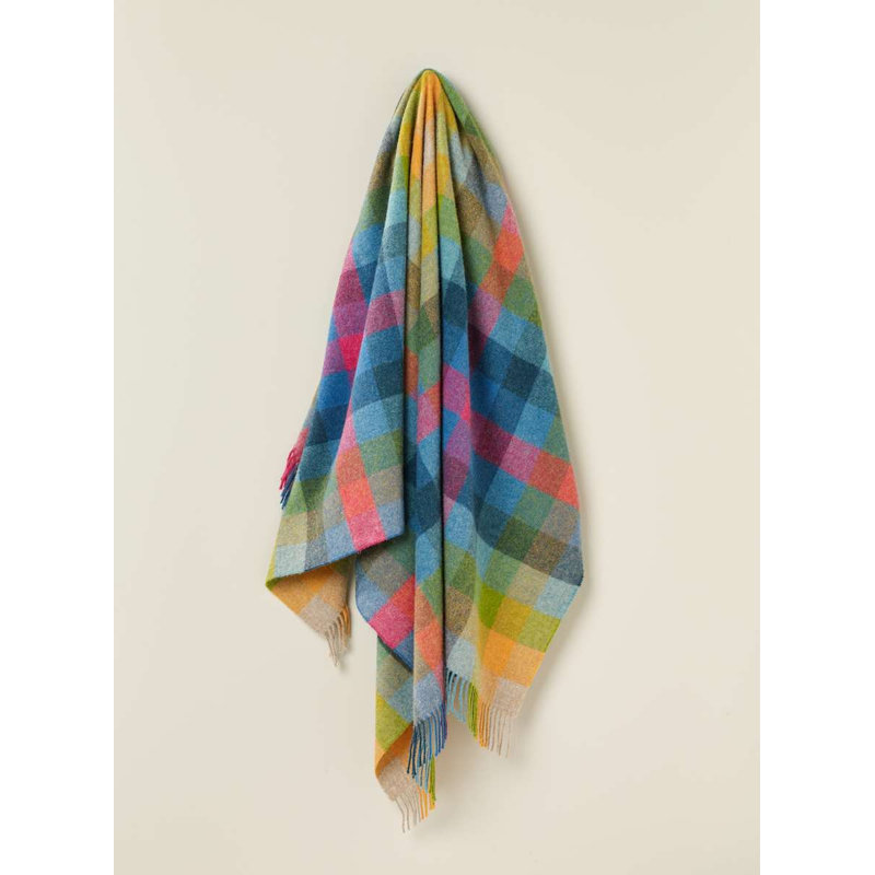 Jeté en laine Shetland, Bleu / vert / orange / mauve géométrique