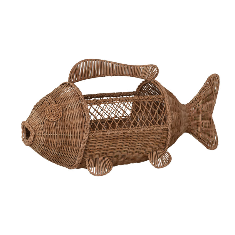 Panier en forme de poisson en rotin tissé à la main avec poignée en métal