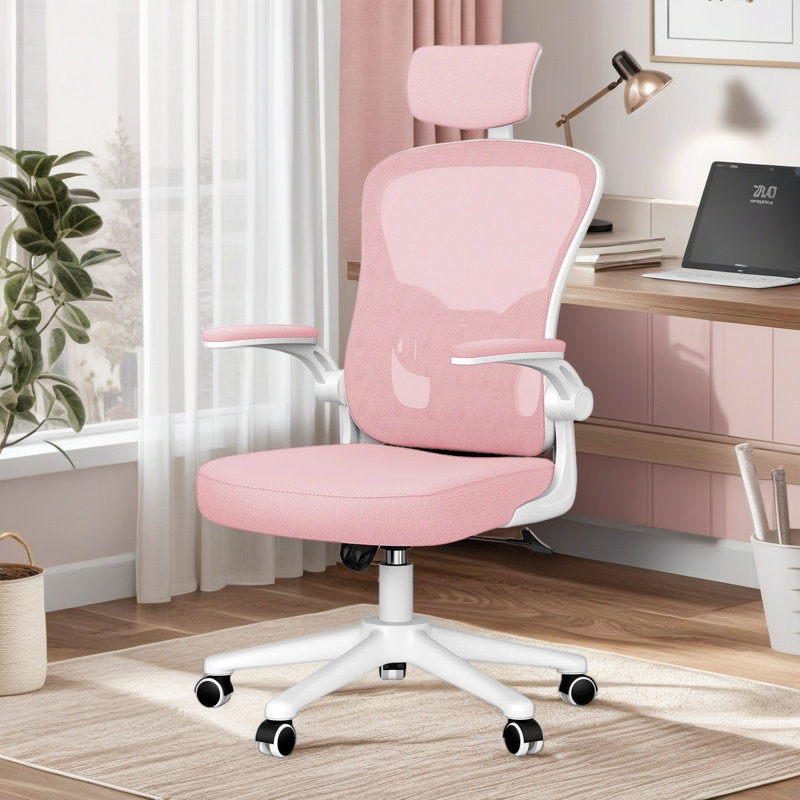 Mesh Office Chair with Headrest, White/Pink