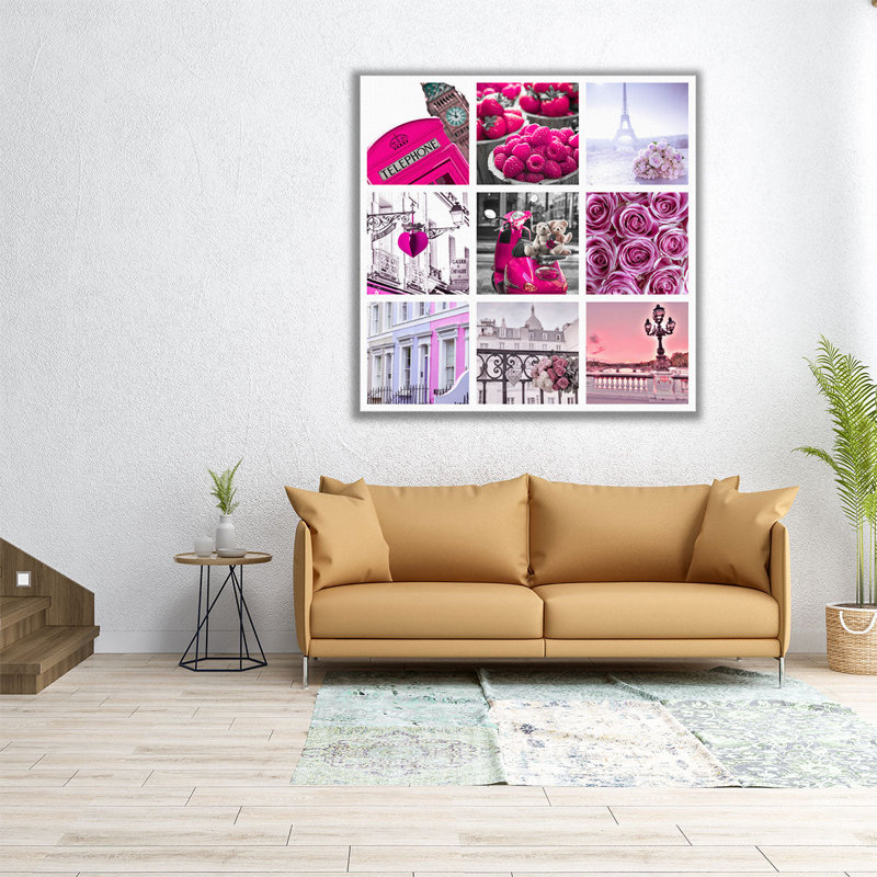 Collage de fleurs, bâtiments et lieux - reproduction d'art sur toile, H 24 po x l 24 po