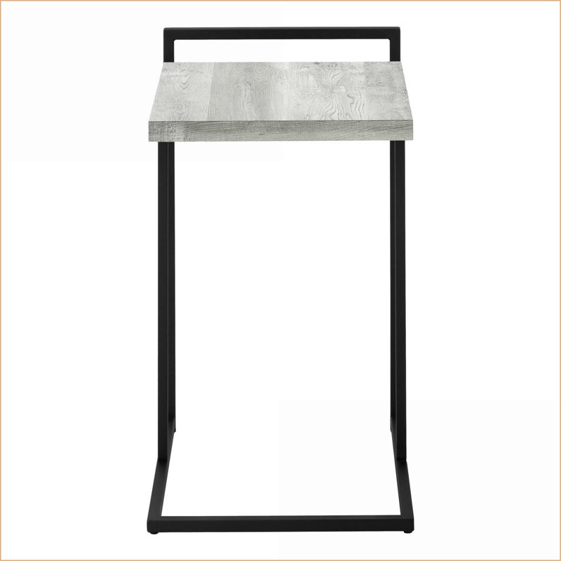Table basse moderne en forme de C peu encombrante, stratifié aspect bois gris et métal noir pour le salon / la chambre à coucher