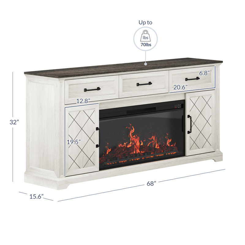 e  68 " Farmhouse TV Stand Entertainment Stand with 36" Electric Fireplace, Sound Function, Timer, Remote Control, White