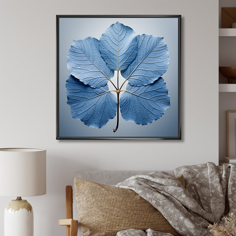 Silhouette de feuilles bleues saphir, Cadre flottant noir, H 16 po x l 16 po x P 1 po
