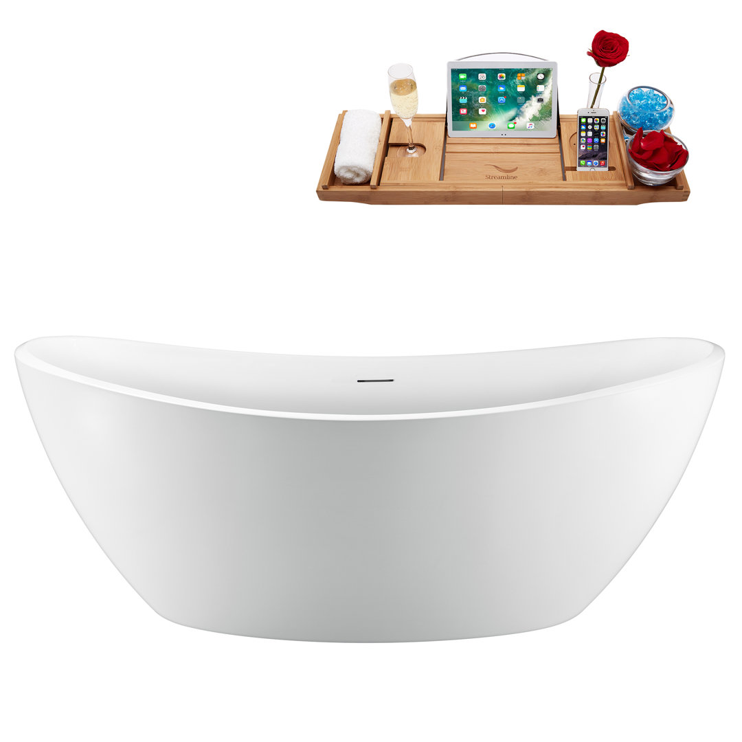 63'' Streamline Freestanding Soaking Acrylic Bathtub With Drain and Bamboo Tray Streamline Bath Drain 