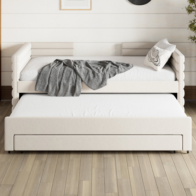Lit de jour simple rembourré en tissu de lin beige avec lit gigogne et 3 tiroirs spacieux, solution de rangement compacte beige, lin à poil court, convient au salon