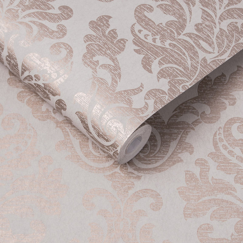 Damask Metallic Wallpaper Roll, Tuape/Rose Gold