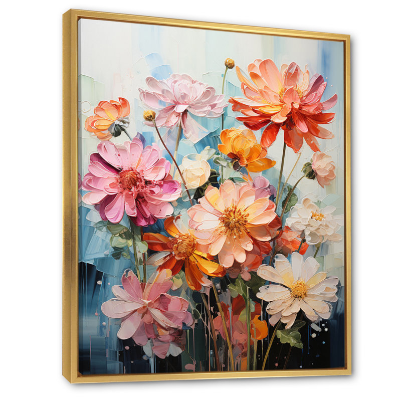Collage de fleurs claires Zinnias III, H 40 po x l 30 po x P 1,5 po, Or