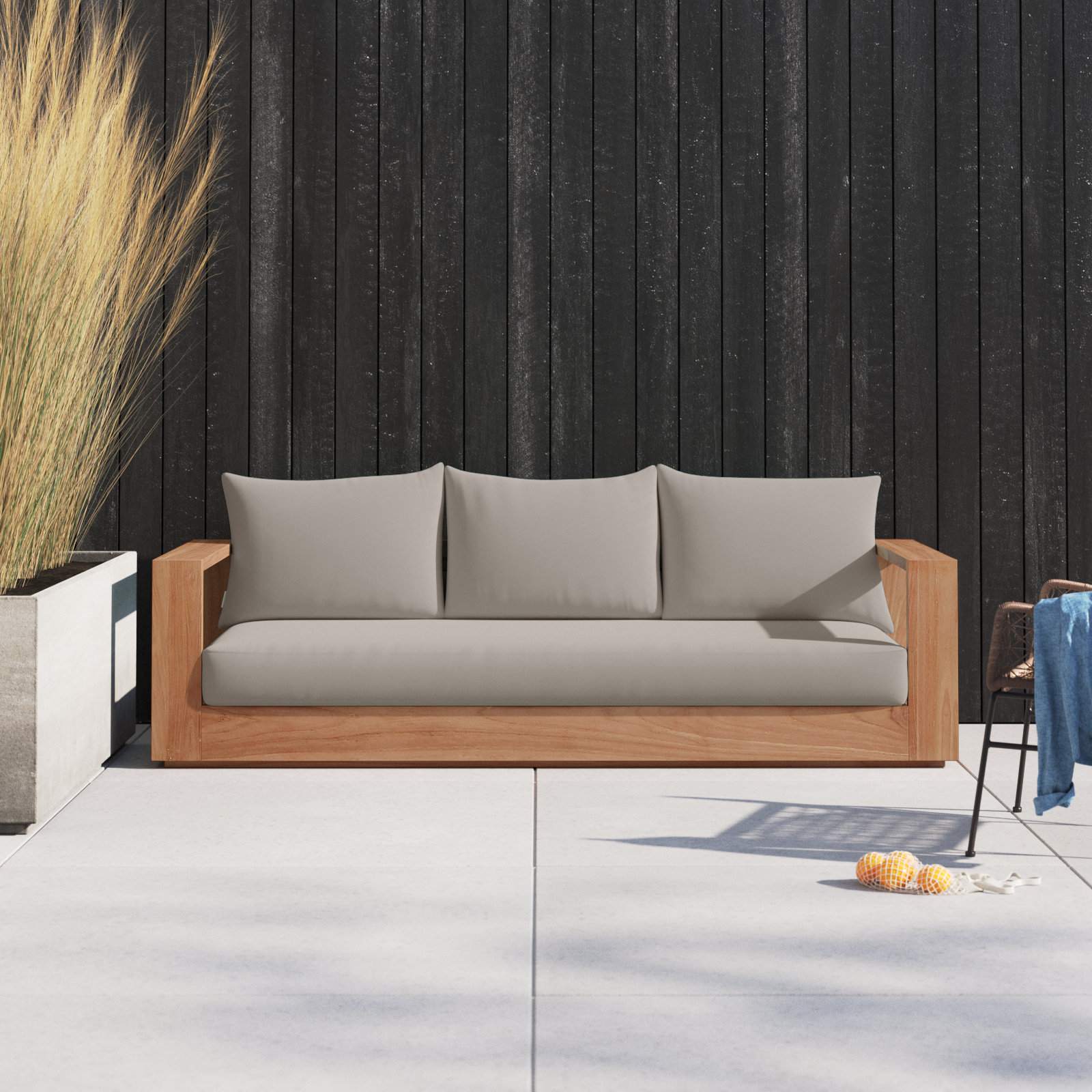 Gazel 87'' Wide Teak Patio Sofa with Cushions, Gray