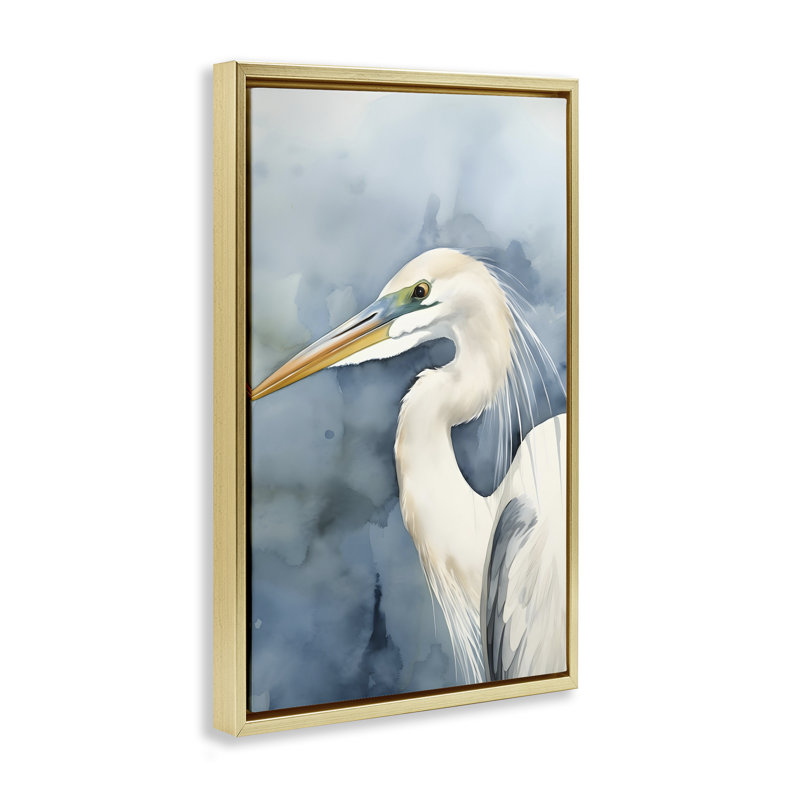 Oiseau de plage sur toile bleue encadrée par Petal Prints Design, H 25 po x l 17 po, Cadre flottant métallique doré