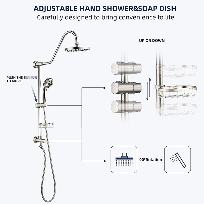 Ensemble de douche de salle de bain avec 5 trous pour la main et le jet, robinet en nickel brossé, trous