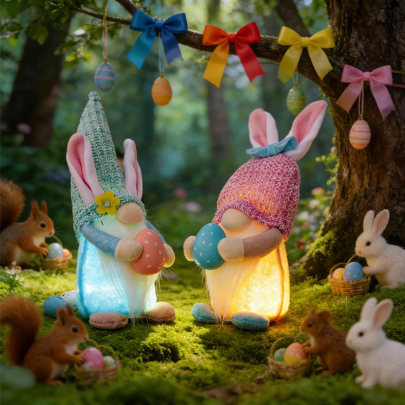 2 pièces de gnome de Pâques sans visage, 11,8 po de lapin incandescent tenant des œufs, décoration de fête (ensemble de 2)