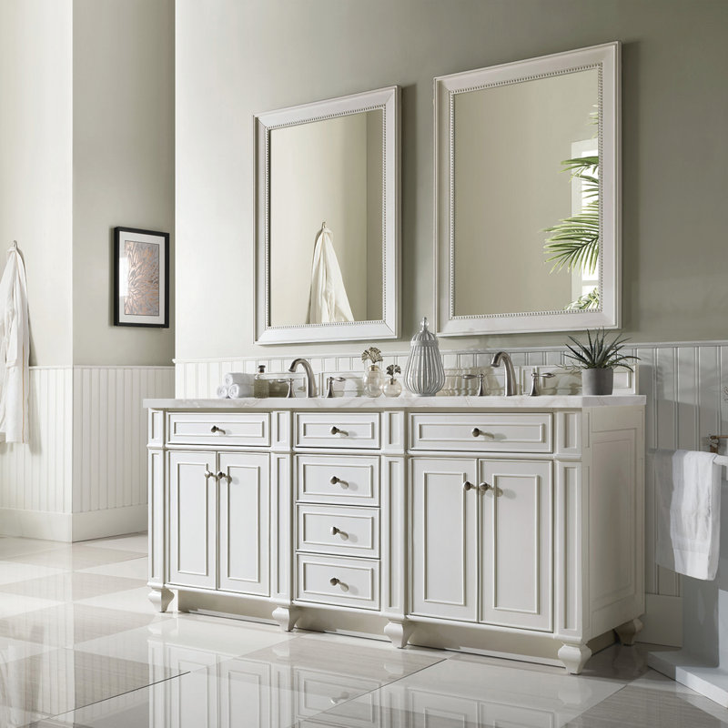 Meuble-lavabo double l 72 po Bristol, Blanc brillant, Argent victorien, 8 po