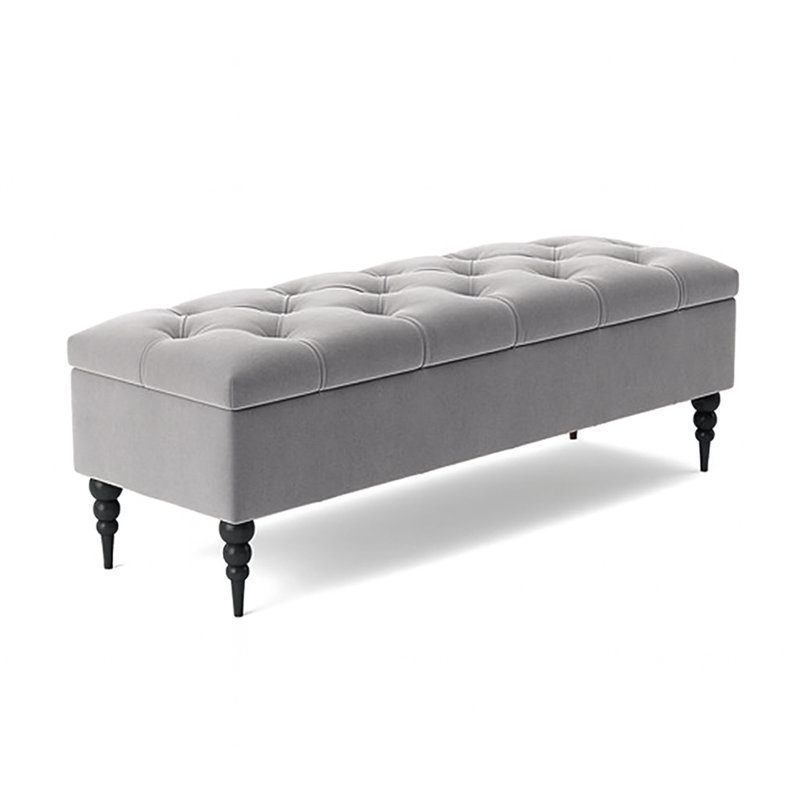 Safar Wide Tufted Rectangle Ottoman Storage Bench – Upholstery Plush Velvet Shoe Bench with Black Turned Wooden Legs, Silver