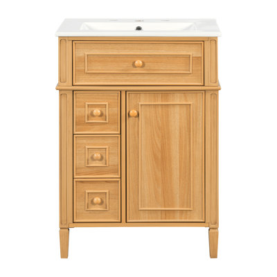 Meuble-lavabo 24 po avec lavabo en céramique, tiroir escamotable, fermeture en douceur, bois massif et panneau de fibres à densité moyenne pour les petites salles de bain