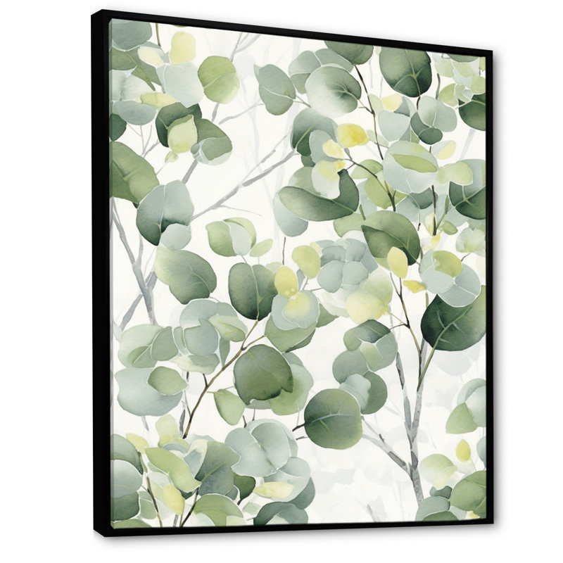 «White Green Minimalisme Eucalyptus Essence IV» sur toile, Cadre flottant noir, H 44 po x l 34 po x P 1,5 po