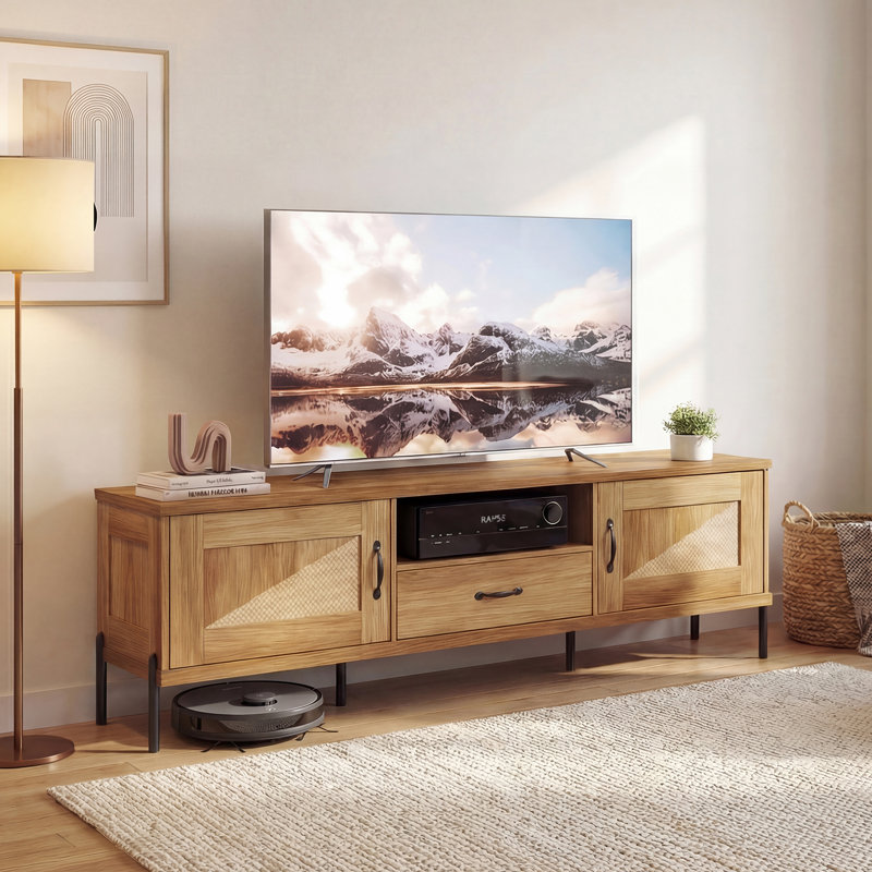 Meuble télé en rotin pour téléviseur de 80 po ou moins avec 2 armoires de rangement, tablette ouverte et tiroir