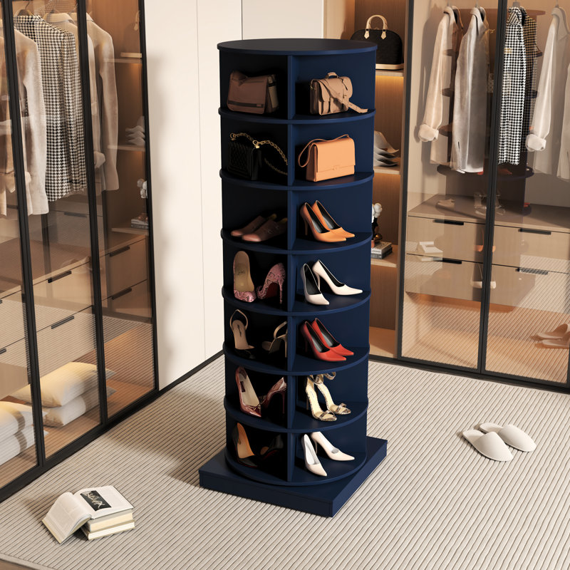 360 Rotating Shoe Cupboard Container, Holds 28 Pairs, Saves Space, Adjustable Shelves, Modern Home Cupboard, 7 Layers, Navy Blue, Space Saving, Passion