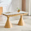 Table de salle à manger extensible avec plateau en pierre: plateau de table en marbre blanc avec pieds en métal effilés de couleur bois. Une table de salle à manger rectangulaire d'inspiration moderne et luxueuse pour la maison, pouvant accueillir de 4 à 8 personnes.-129390098