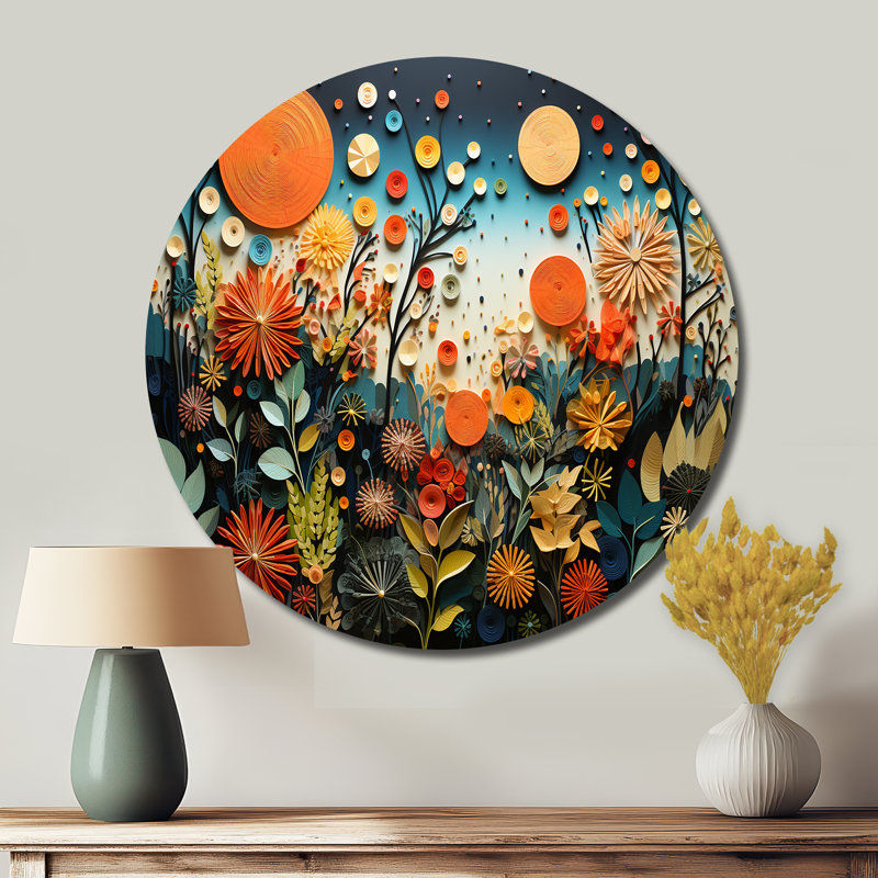 «Orange Mid Century Natures Harmony III» - Décoration abstraite ronde en métal, H 16 po x l 16 po x P 1 po