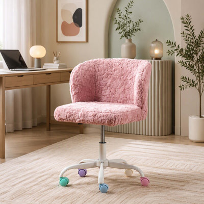 Fauteuil de bureau, fauteuil de bureau en poils de lapin artificiel avec base en métal, fauteuil de bureau pivotant réglable, fauteuil de coiffeuse (rose)