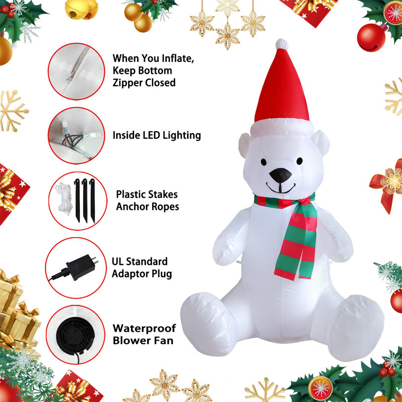 48-Inch White Inflatable Polar Bear with Santa Hat and Scarf