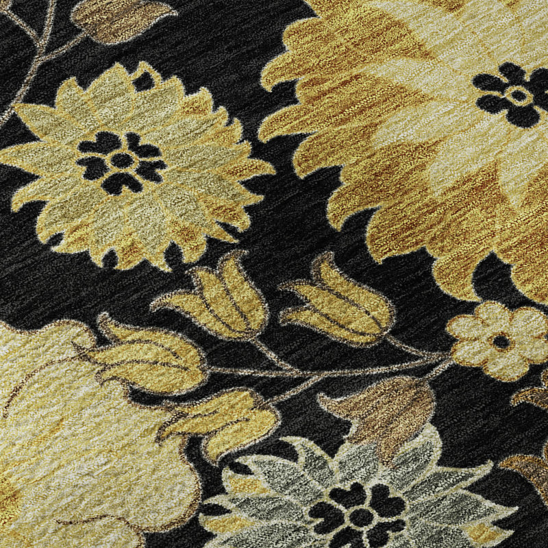 Premium Machine Washable Mayfield AMF2294 Floral Rug, 2'3" x 7'6" Runner, Black