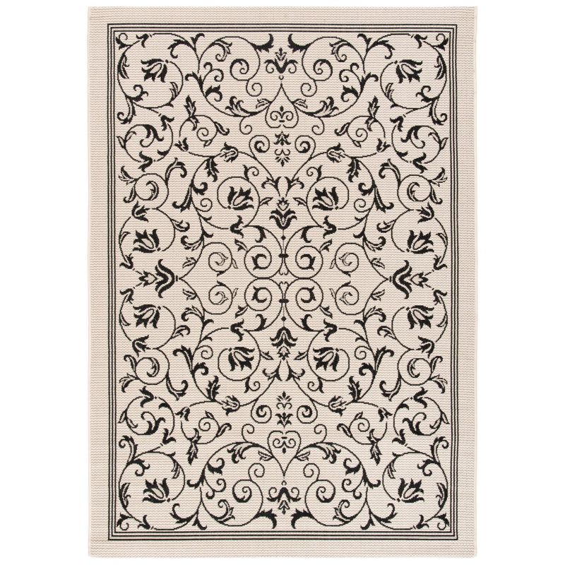 Tapis intérieur / extérieur à motif floral sable / noir Arneshia, Rectangle 4 pi x 5 pi 7 po