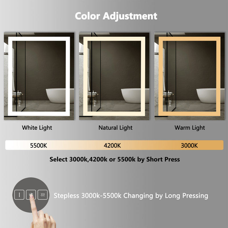 Modern Frameless Rectangular LED Lighted Bathroom Vanity Mirror with Defogger, 32" x 40"