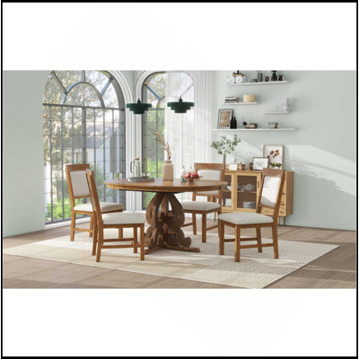 5-Piece Retro Functional Dining Set, 1 Extendable Table With A 16-Inch Leaf And 4 Upholstered Chairs For Dining Room And Kitchen