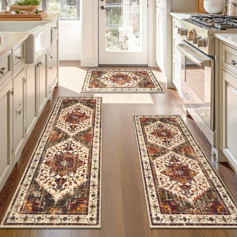 Tapis de cuisine vintage lavable et antidérapant (ensemble de 3), Orange/rouge